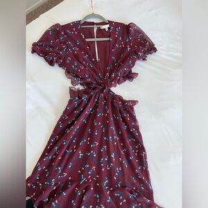 Wayf Red Maxi dress w/ Plunge Neckline and Flutter Sleeves, & side cutout